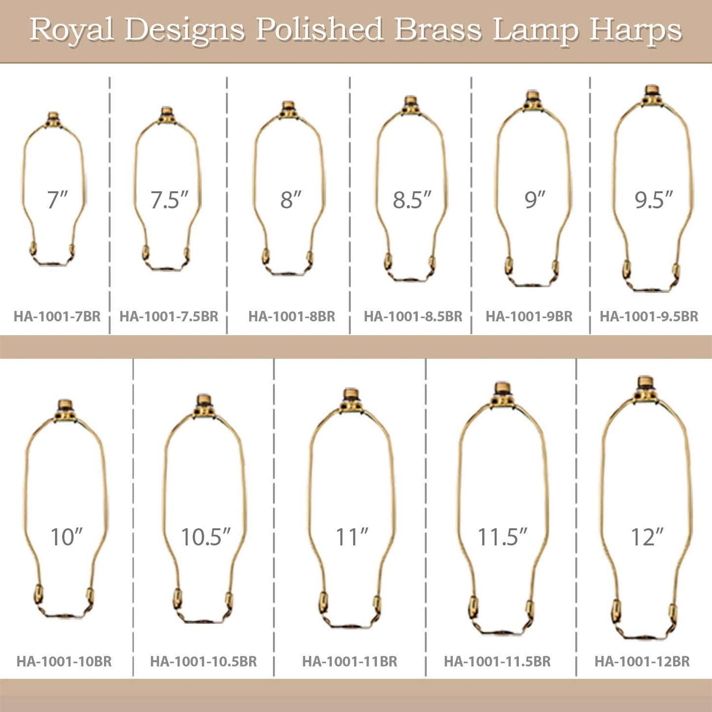 HA-1001-7BR-1 Heavy Duty Harp for Lamp Shade Holder, 7 Inch, Polished Brass Base
