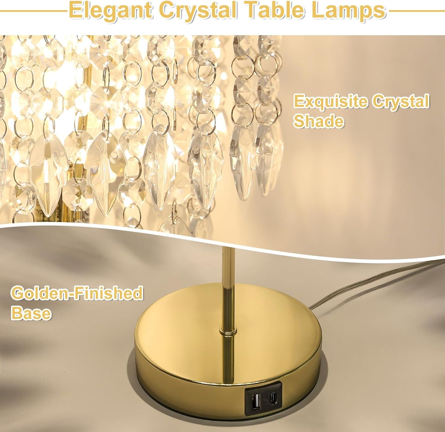 Crystal Table Lamp Set of 2, 3-Way Dimmable Nightstand Lamp with 2 USB Charging Ports, Gold Bedside Lamp for Bedroom, Touch Lamp with Elegant Shade for Living Room, B11 LED Bulb Included