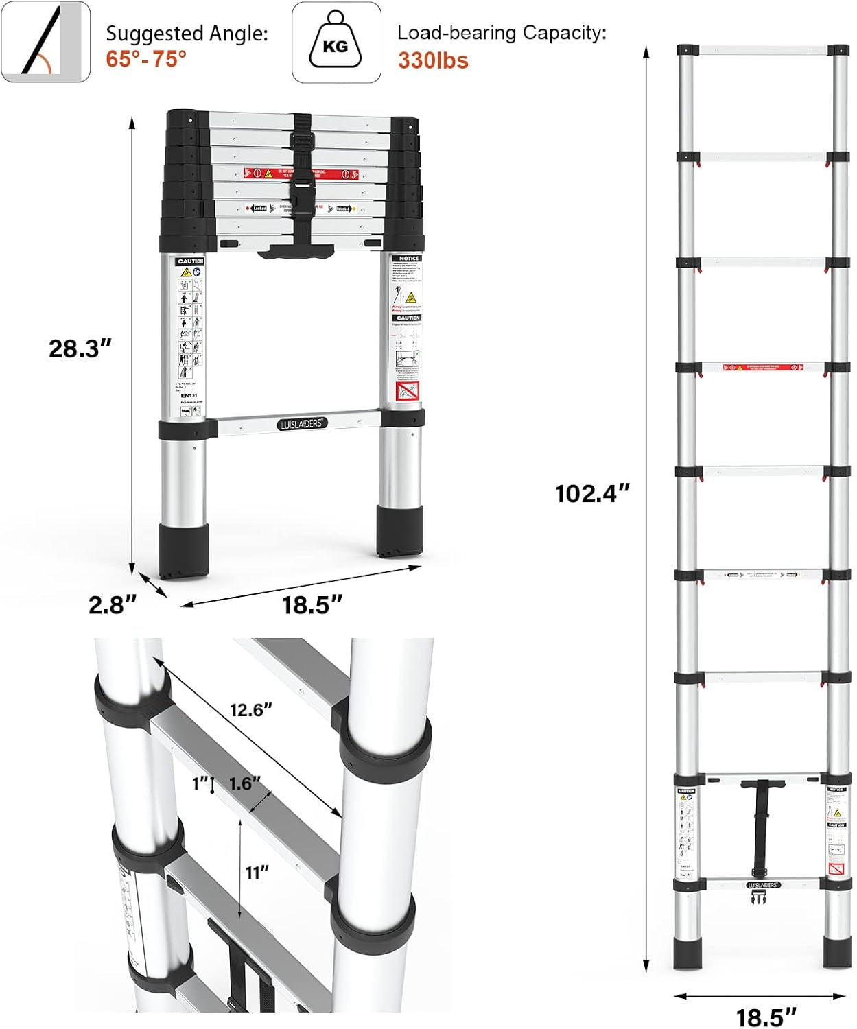 Telescoping Ladder, 8.5Ft Extension Ladder Telescopic Stepladder One-Button Retraction 330Lbs Max Capacity, Multi Position RV Ladder for Indoor & Outdoor Work