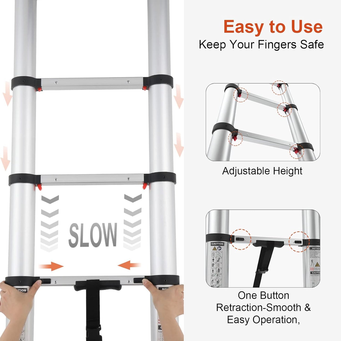 Telescoping Ladder, 8.5Ft Extension Ladder Telescopic Stepladder One-Button Retraction 330Lbs Max Capacity, Multi Position RV Ladder for Indoor & Outdoor Work