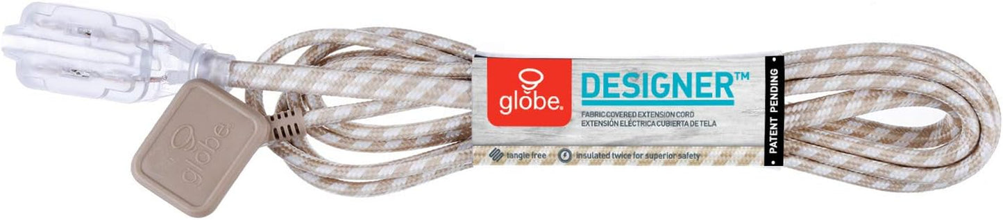 Electric 22836 Designer Series 9-Ft Fabric Extension Cord, 3 Polarized Outlets, Right Angle Plug, 125 Volts, Gold and White