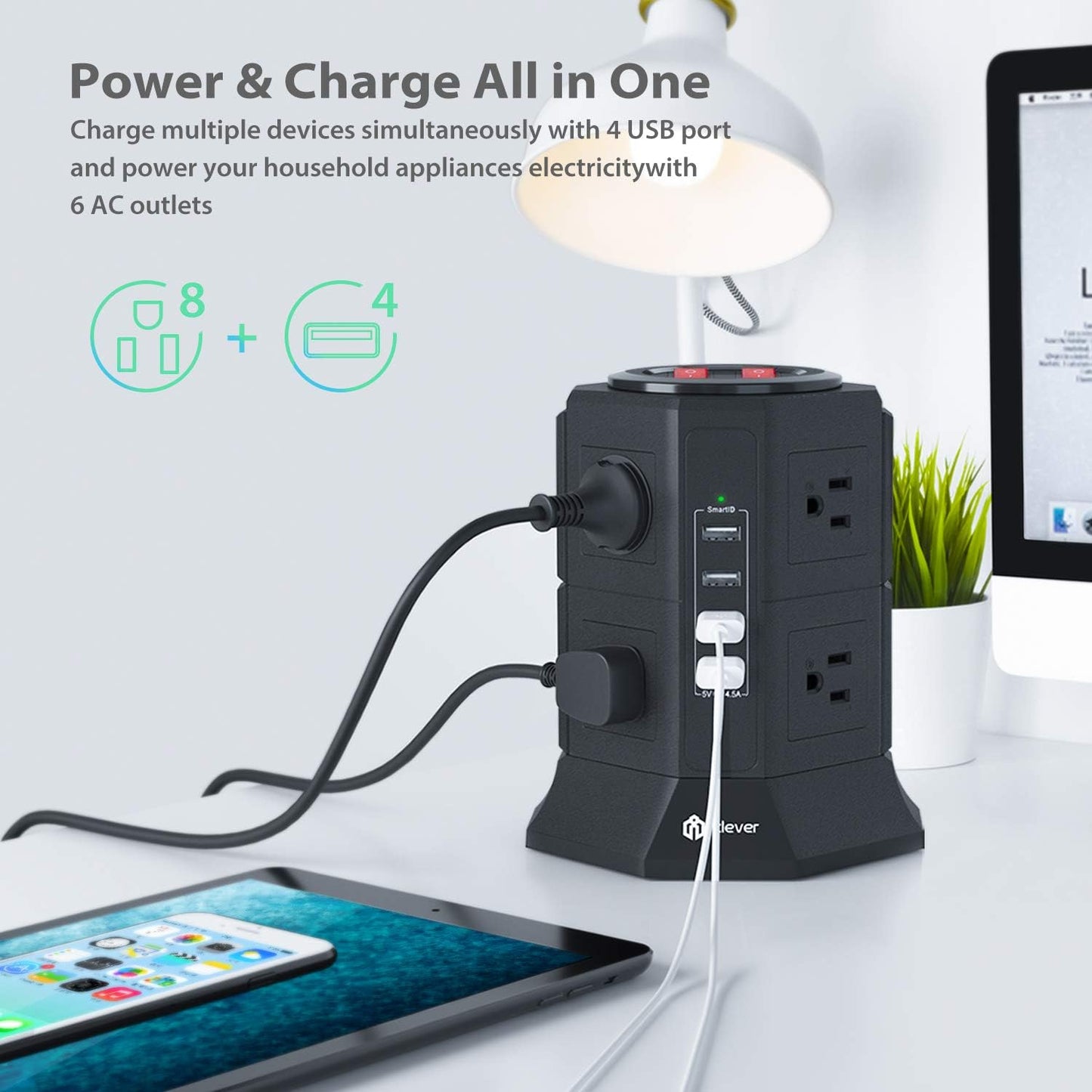 Power Strip Tower Gaming Surge Protector - 8 AC Outlets 4.5A 4 USB Ports Desktop Charging Station with 10Ft Extension Cord for PC Laptops Iphone Mobile Device Home Office (Black)