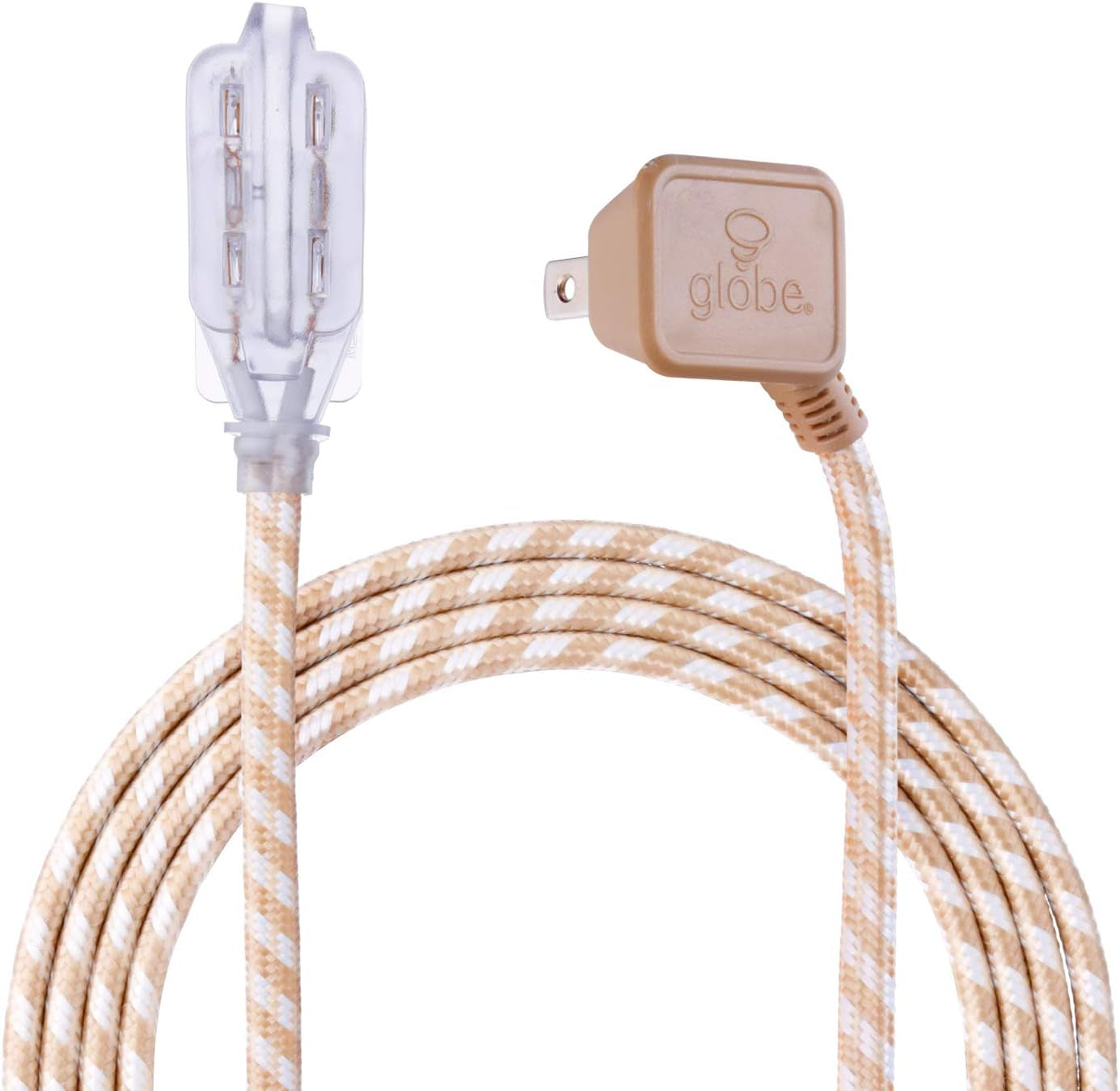 Electric 22836 Designer Series 9-Ft Fabric Extension Cord, 3 Polarized Outlets, Right Angle Plug, 125 Volts, Gold and White