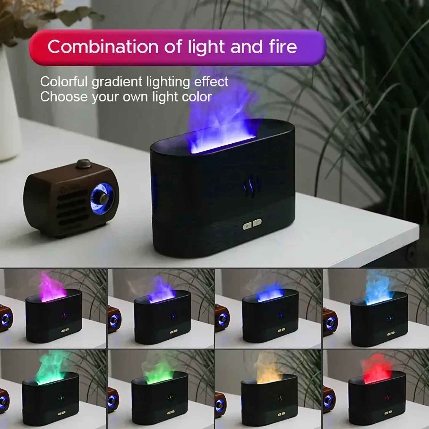 Ultrasonic Humidifier with 7 Colors Flame Lights, Essential Oil Diffuser, White
