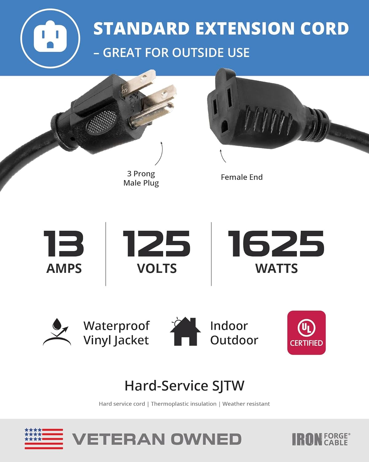 2 Pack of 6 Ft Outdoor Extension Cords - 16/3 Heavy Duty Black Extension Cord Pack