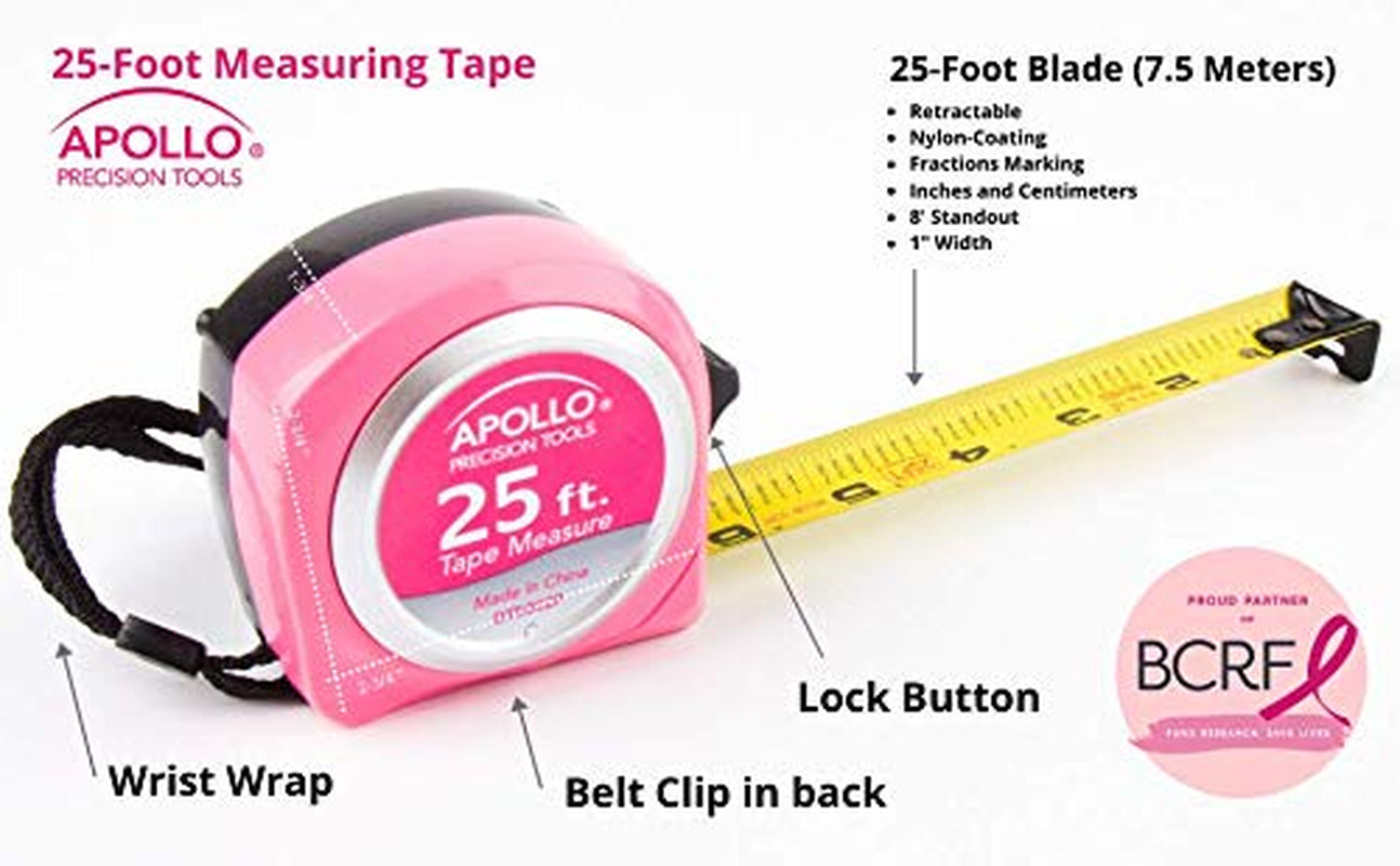 Tools Measuring Tape, 25 Foot Tape Measure with Retractable Blade, Fraction Markings, 1 Inch Nylon Blade, 8 Foot Standout, Lock Button and Belt Clip - Pink Ribbon - Pink - DT5002P