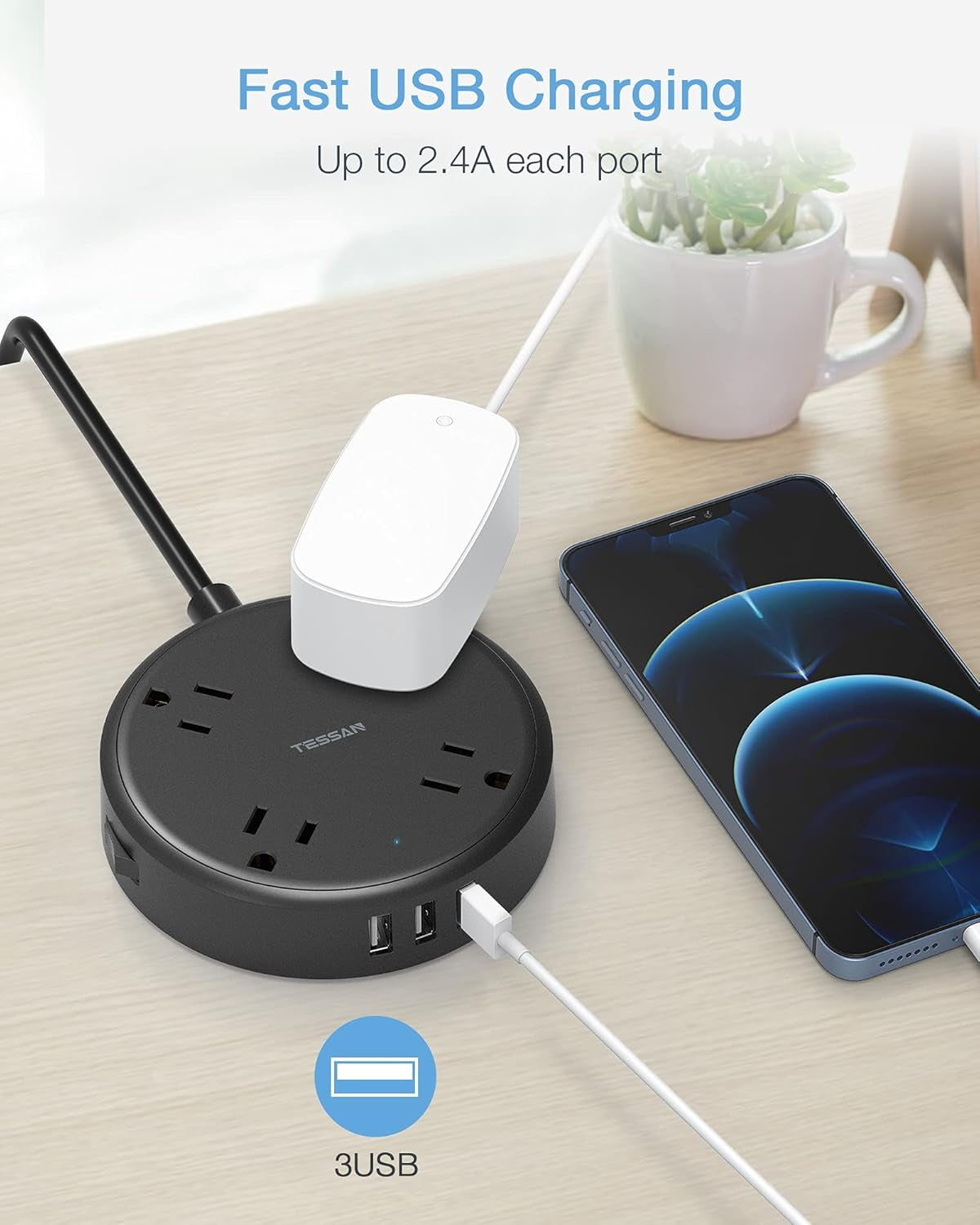 Cruise Power Strip with USB, Extension Cord with 4 Wide Spaced Outlets and 3 USB Ports, Cruise Ship Must Have Small Desk Charging Station Flat Plug 4.5Ft Extender for Travel, Dorm Room, Black