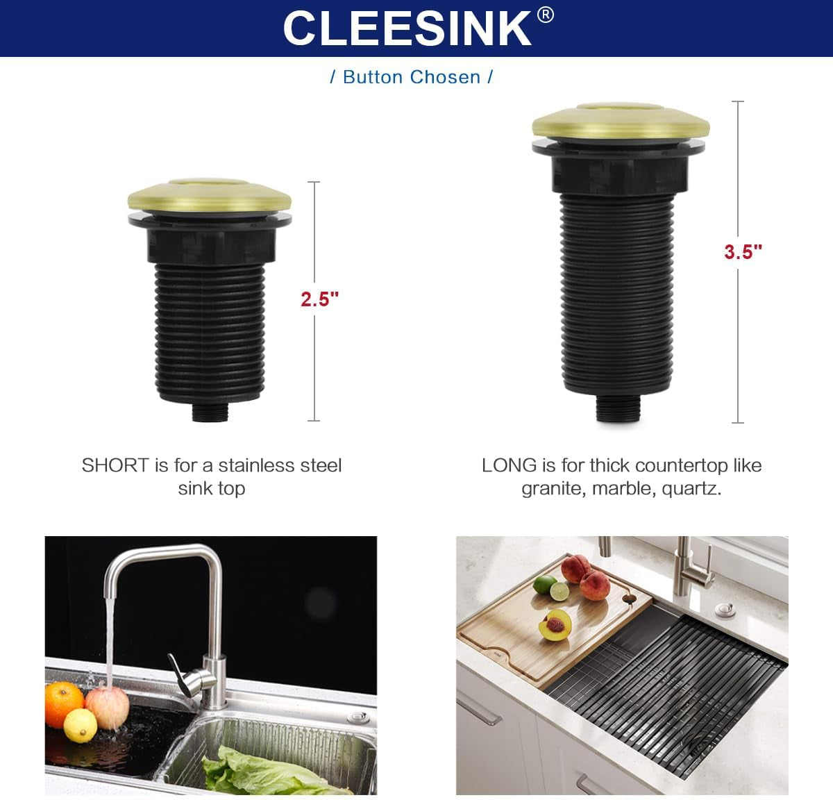 Garbage Disposal Switch, Cordless Air on off Kit for Food Waste Disposer, Brushed Gold, LONG 3.5" Sink Top Push Button by