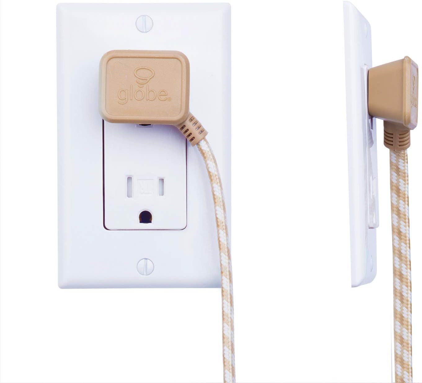 Electric 22836 Designer Series 9-Ft Fabric Extension Cord, 3 Polarized Outlets, Right Angle Plug, 125 Volts, Gold and White
