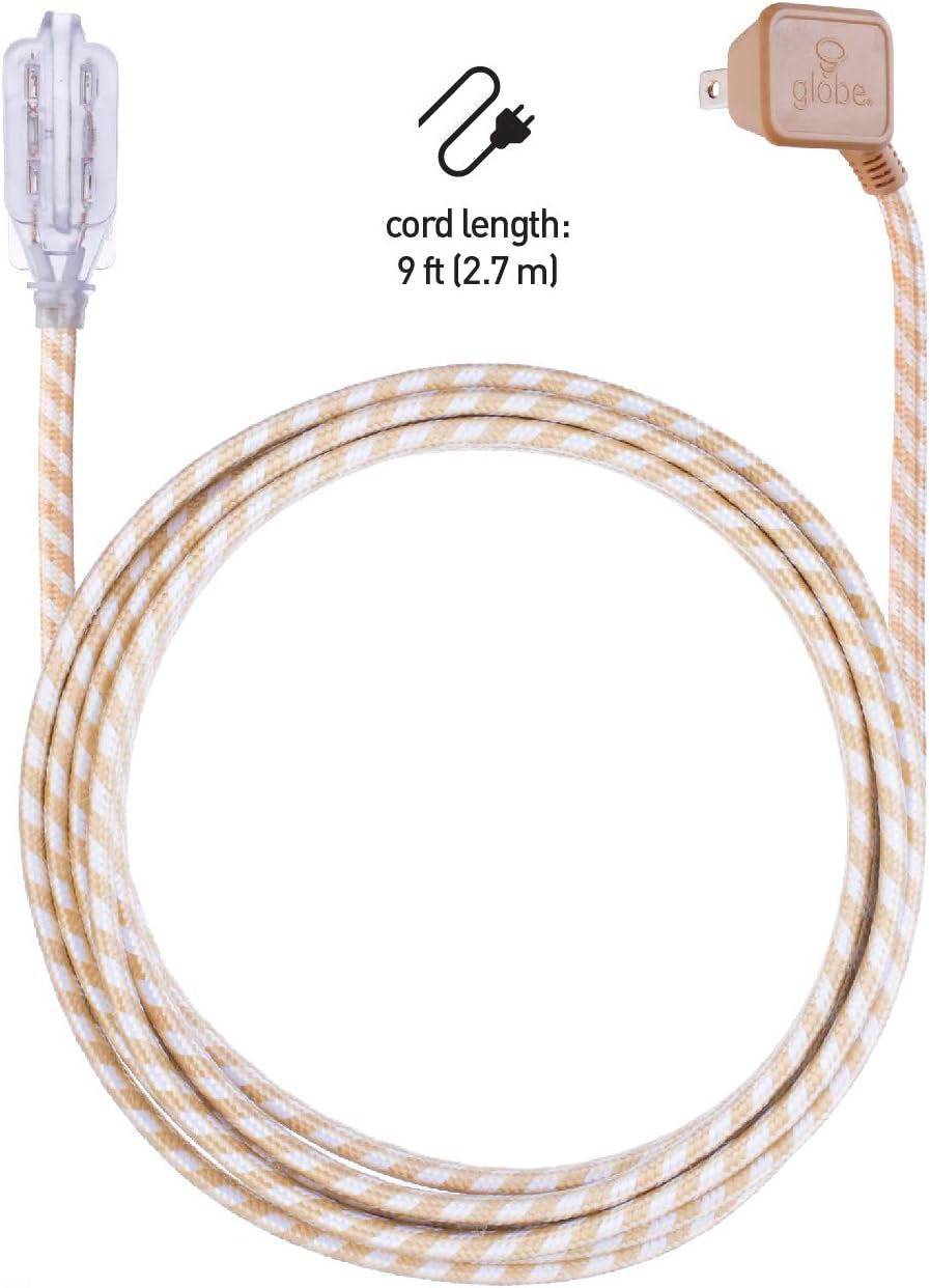 Electric 22836 Designer Series 9-Ft Fabric Extension Cord, 3 Polarized Outlets, Right Angle Plug, 125 Volts, Gold and White