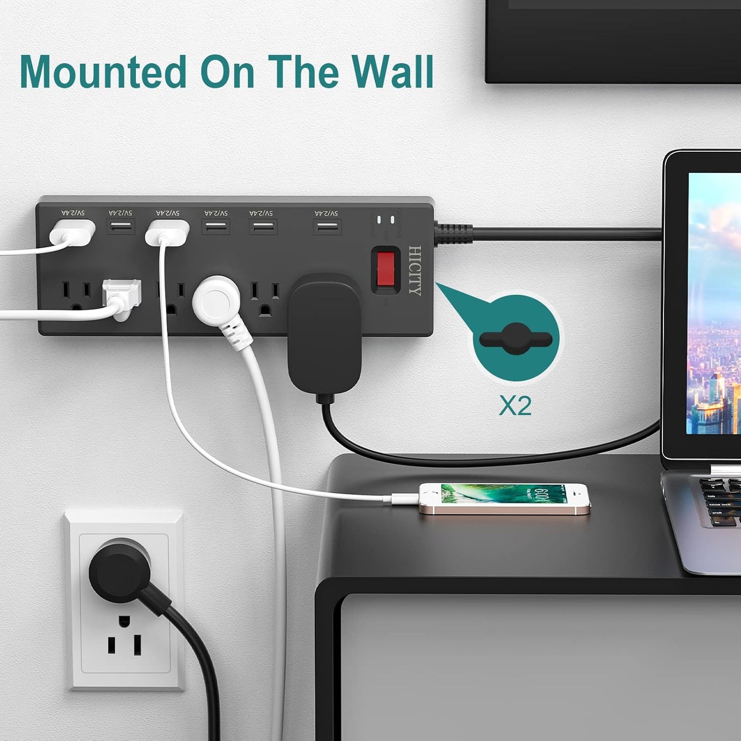 Power Strip, Surge Protector with 6 AC Outlets and 6 USB Ports, Wall Mountable Flat Plug Extension Cord, 1625W/13A, Widely Spaced Outlet for Home, Office, Hotel (6Ft, Black)