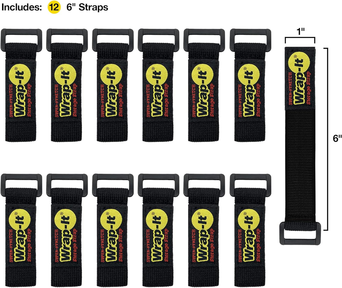 Super-Stretch Straps, 6" (12 Pack) - Elastic Hook and Loop Cinch Straps - Extension Cord Organizer, Hose Strap, Cable Straps, Tool Strap, Cord Wrap, Cord Keeper and Cable Storage