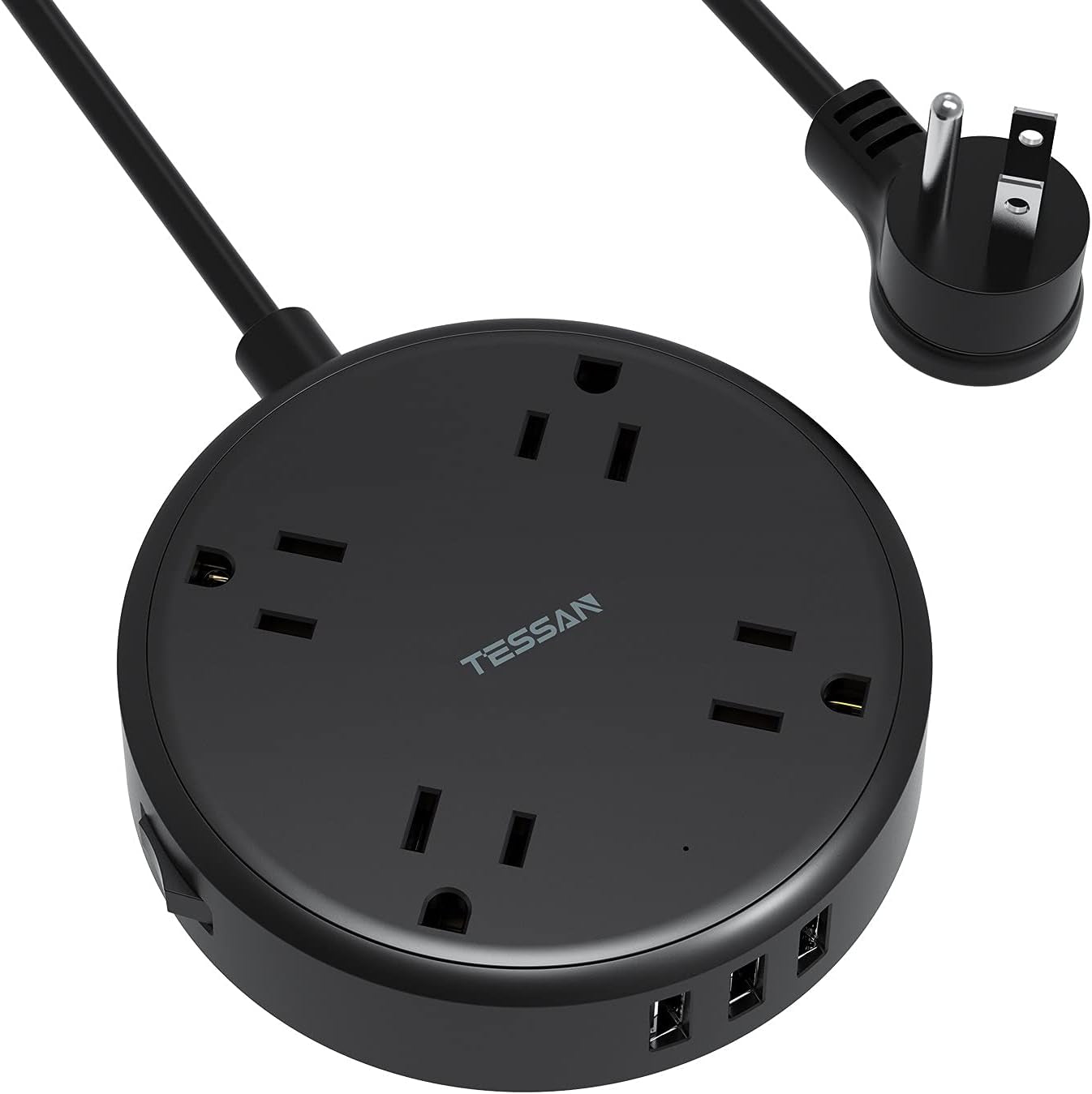 Cruise Power Strip with USB, Extension Cord with 4 Wide Spaced Outlets and 3 USB Ports, Cruise Ship Must Have Small Desk Charging Station Flat Plug 4.5Ft Extender for Travel, Dorm Room, Black