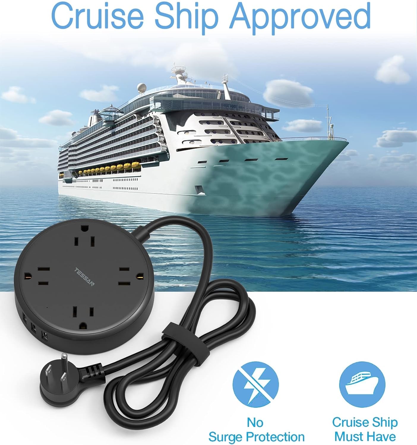 Cruise Power Strip with USB, Extension Cord with 4 Wide Spaced Outlets and 3 USB Ports, Cruise Ship Must Have Small Desk Charging Station Flat Plug 4.5Ft Extender for Travel, Dorm Room, Black