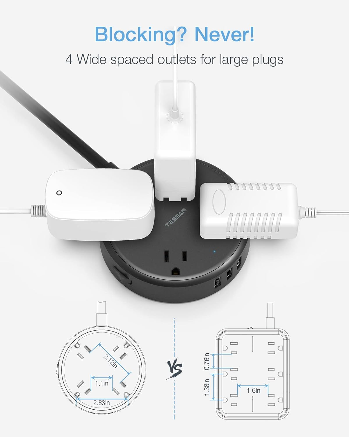 Cruise Power Strip with USB, Extension Cord with 4 Wide Spaced Outlets and 3 USB Ports, Cruise Ship Must Have Small Desk Charging Station Flat Plug 4.5Ft Extender for Travel, Dorm Room, Black