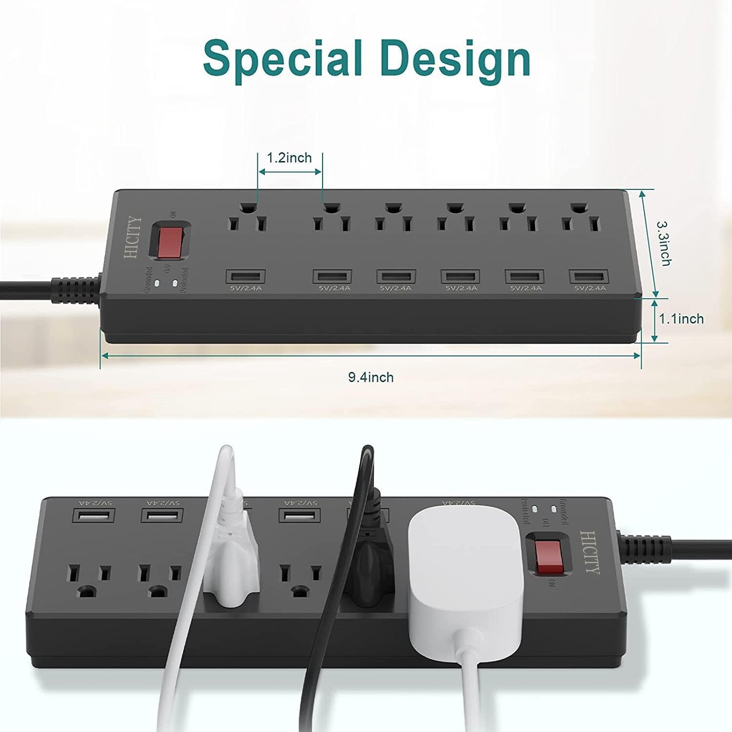 Power Strip, Surge Protector with 6 AC Outlets and 6 USB Ports, Wall Mountable Flat Plug Extension Cord, 1625W/13A, Widely Spaced Outlet for Home, Office, Hotel (6Ft, Black)