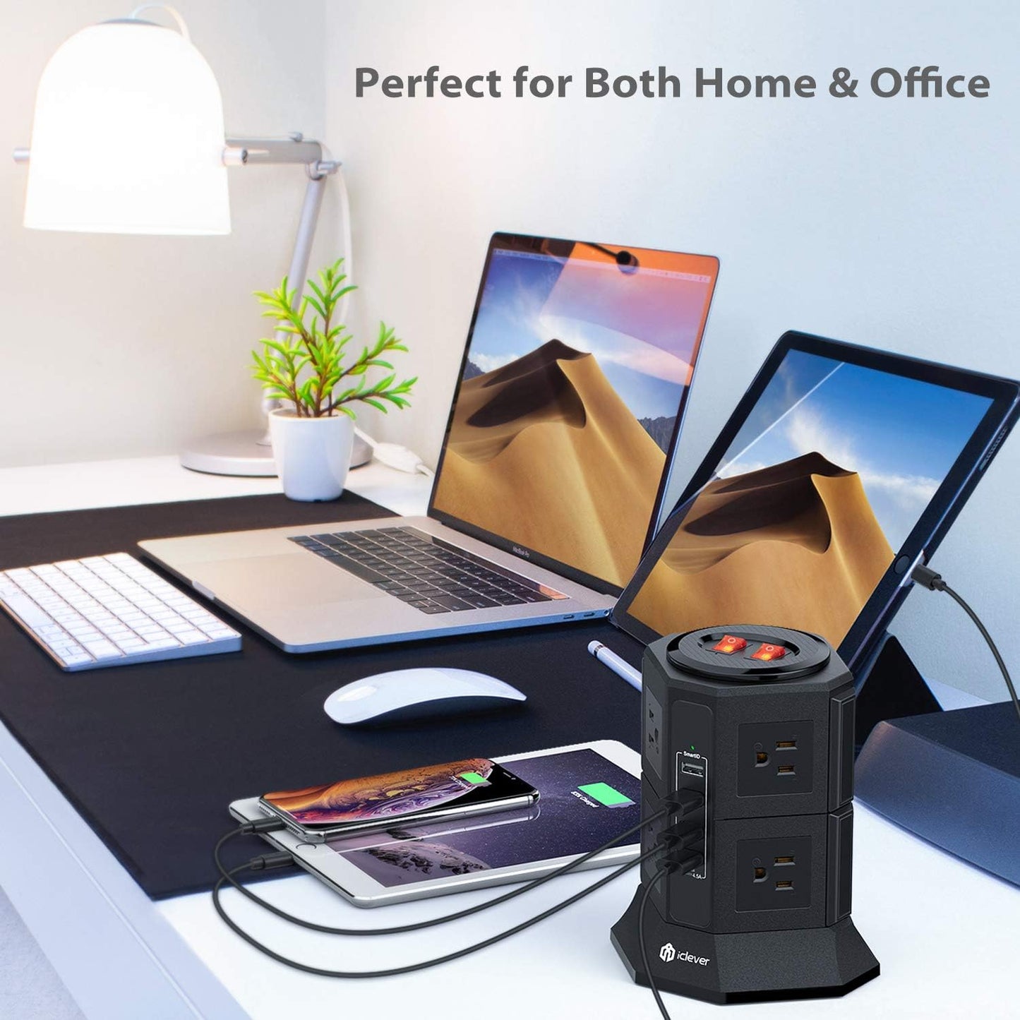Power Strip Tower Gaming Surge Protector - 8 AC Outlets 4.5A 4 USB Ports Desktop Charging Station with 10Ft Extension Cord for PC Laptops Iphone Mobile Device Home Office (Black)
