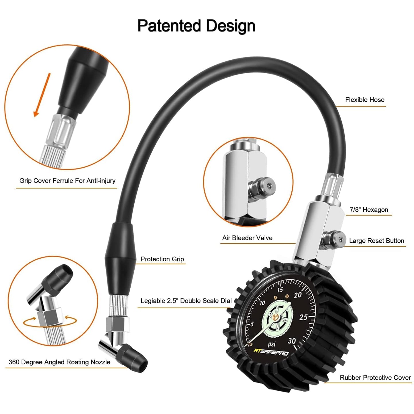 Low Pressure Tire Gauge to 30PSI, 2.5” Mechanical Tire Gauge with Flexible Hose and Angled Chuck, Analog Air Pressure Gauge Glow in the Dark for ATV, off Road, Lawn Mower Etc