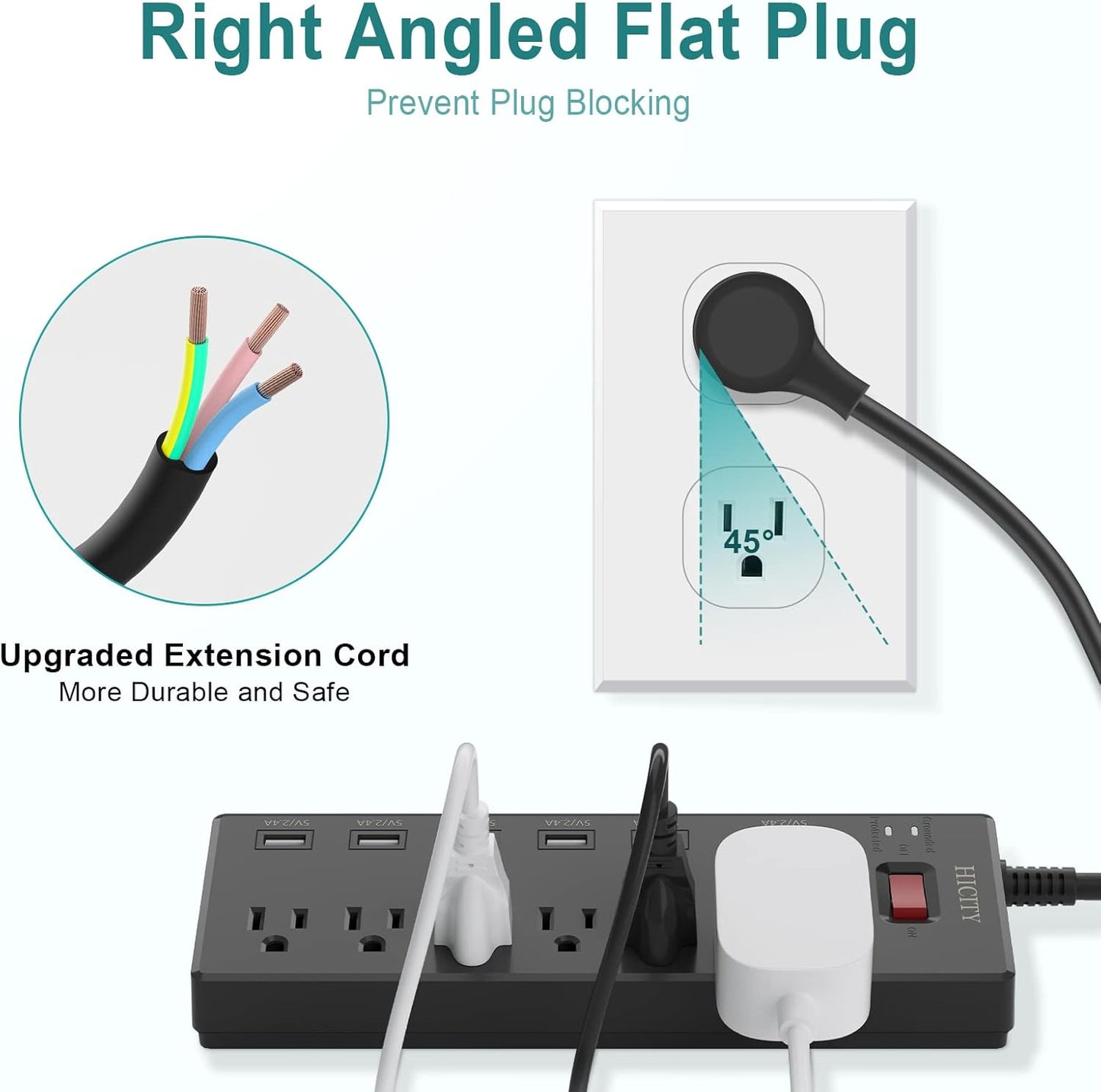 Power Strip, Surge Protector with 6 AC Outlets and 6 USB Ports, Wall Mountable Flat Plug Extension Cord, 1625W/13A, Widely Spaced Outlet for Home, Office, Hotel (6Ft, Black)