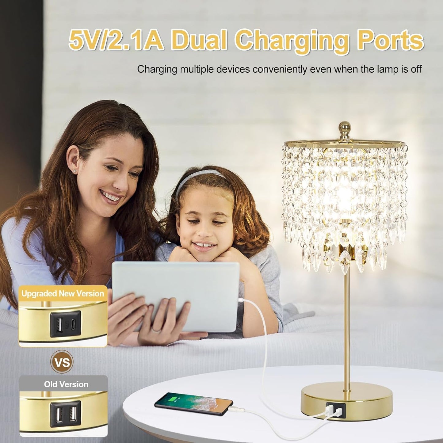Crystal Table Lamp Set of 2, 3-Way Dimmable Nightstand Lamp with 2 USB Charging Ports, Gold Bedside Lamp for Bedroom, Touch Lamp with Elegant Shade for Living Room, B11 LED Bulb Included
