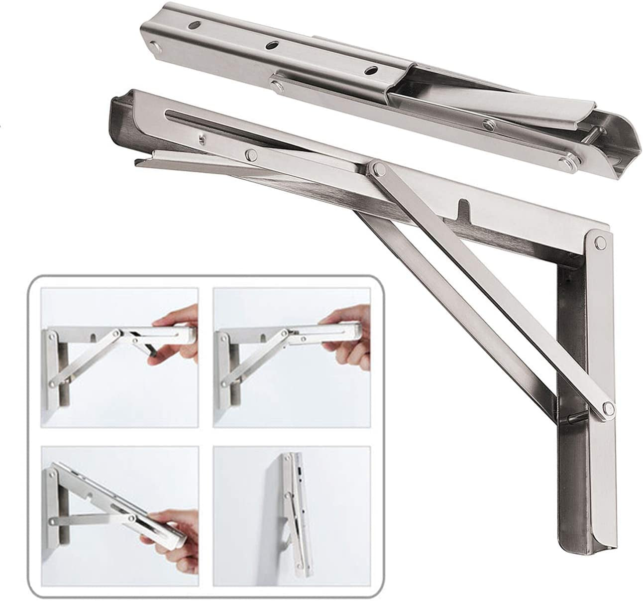 CLT 14'' Folding Shelf Brackets Max. Load 440 Lb, Heavy Duty Stainless Steel DIY Wall Mounted Shelf Bracket Space Saving for Table Work Bench, Pack of 2