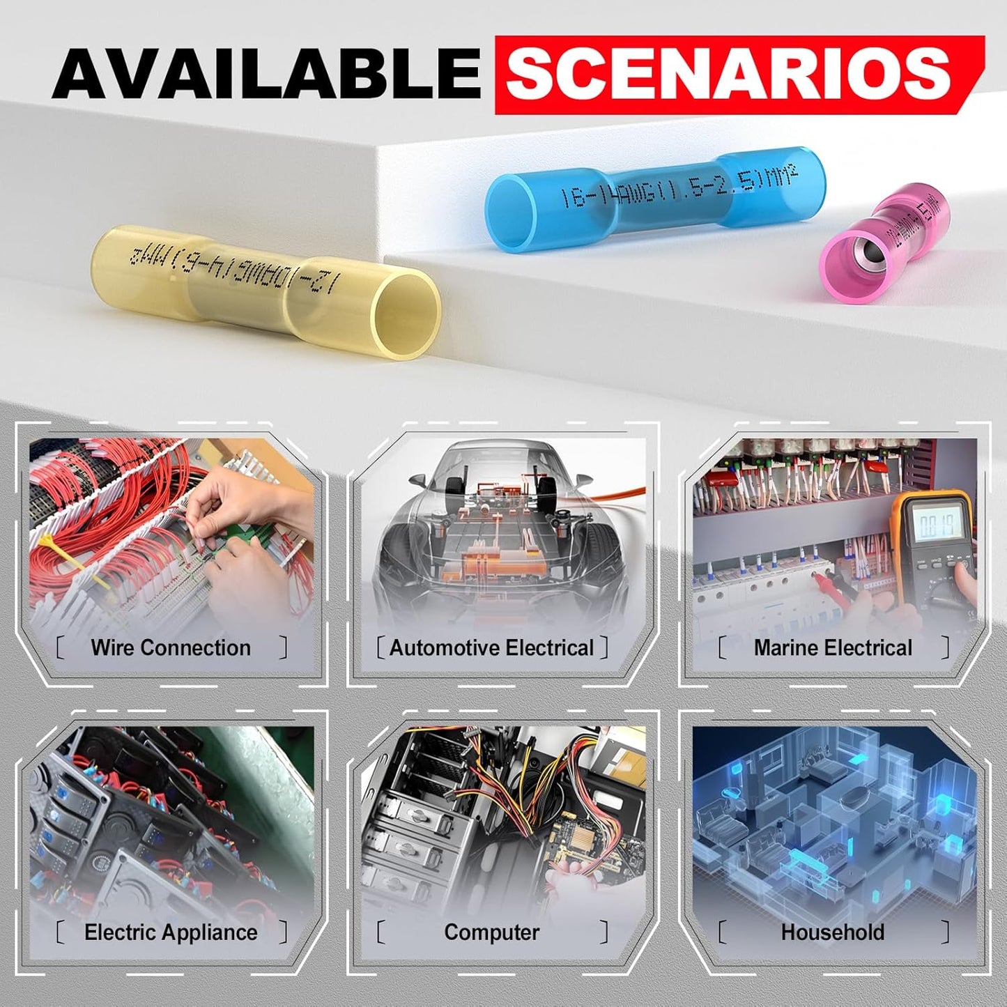 Heat Shrink Butt Connectors Kit 22-10 AWG, 100 Pcs Waterproof Crimp Splice Terminal for Auto Repair, Marine Connector for 22,20,18,16,14,12,10 Gauge Wire, Wiring Crimps Terminals Red/Blue/Yellow
