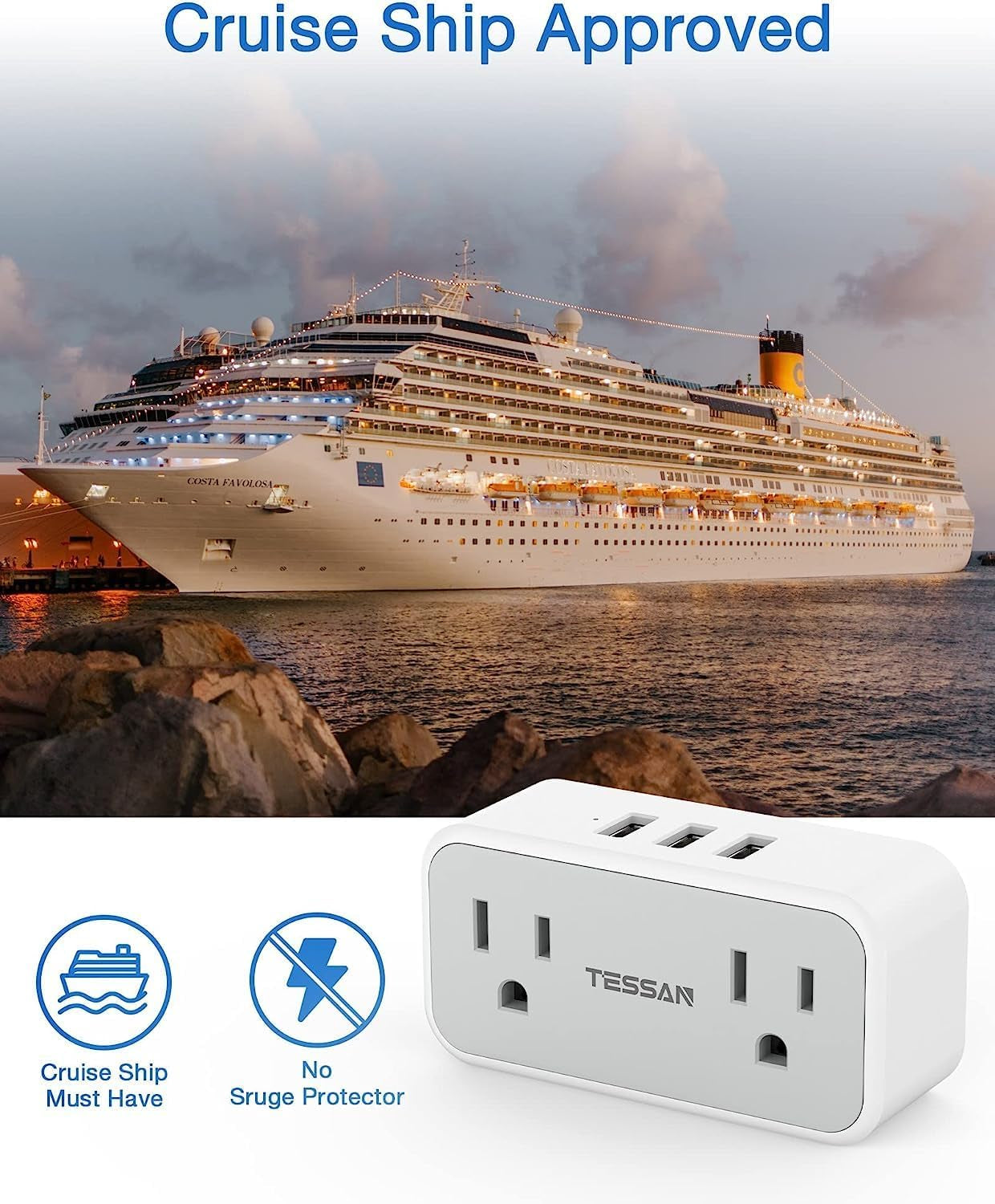 Double Outlet Plug Extender with USB, Multi Electrical Outlet Splitter with Dual Outlets 3 USB Wall Charger, Multiple Plug Expander for Home Office Travel Cruise Ship Dorm Room Essentials