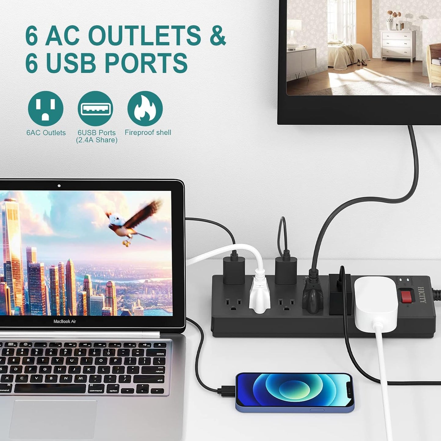 Power Strip, Surge Protector with 6 AC Outlets and 6 USB Ports, Wall Mountable Flat Plug Extension Cord, 1625W/13A, Widely Spaced Outlet for Home, Office, Hotel (6Ft, Black)