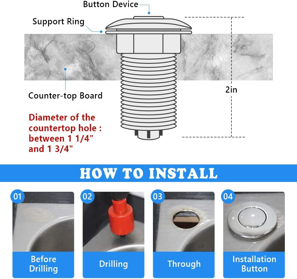 Garbage Disposal Switch, Cordless Air on off Kit for Food Waste Disposer, Brushed Gold, LONG 3.5" Sink Top Push Button by