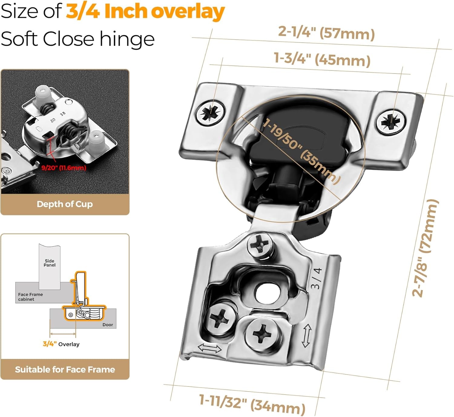 50 Pack 25 Pairs 3/4 Inch Overlay Soft Close Hinges for Kitchen Cabinet Hinges Satin Nickel Hidden Hinges Stainless Steel Concealed Hinge Self Closing