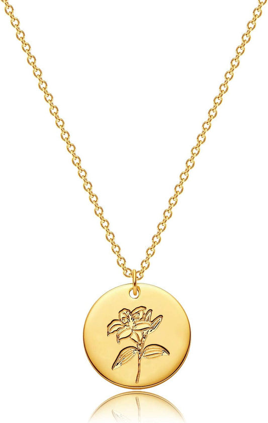 Birth Flower Necklace 18K Gold Custom Floral Pendant Necklaces Dainty Birth Month Flower Disc Hand Stamped Necklace Personalized Jewelry Birthday Gift