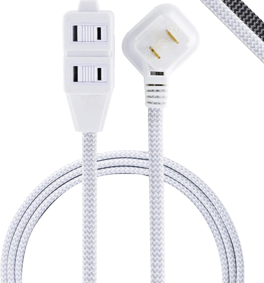 Gray & White, 6 Ft Designer Braided Extension Cord, Power Strip, 3 Polarized Outlet, Outlet Strip, Power Strip Flat Plug, Perfect for Home, Office or Kitchen, UL Listed, 42383