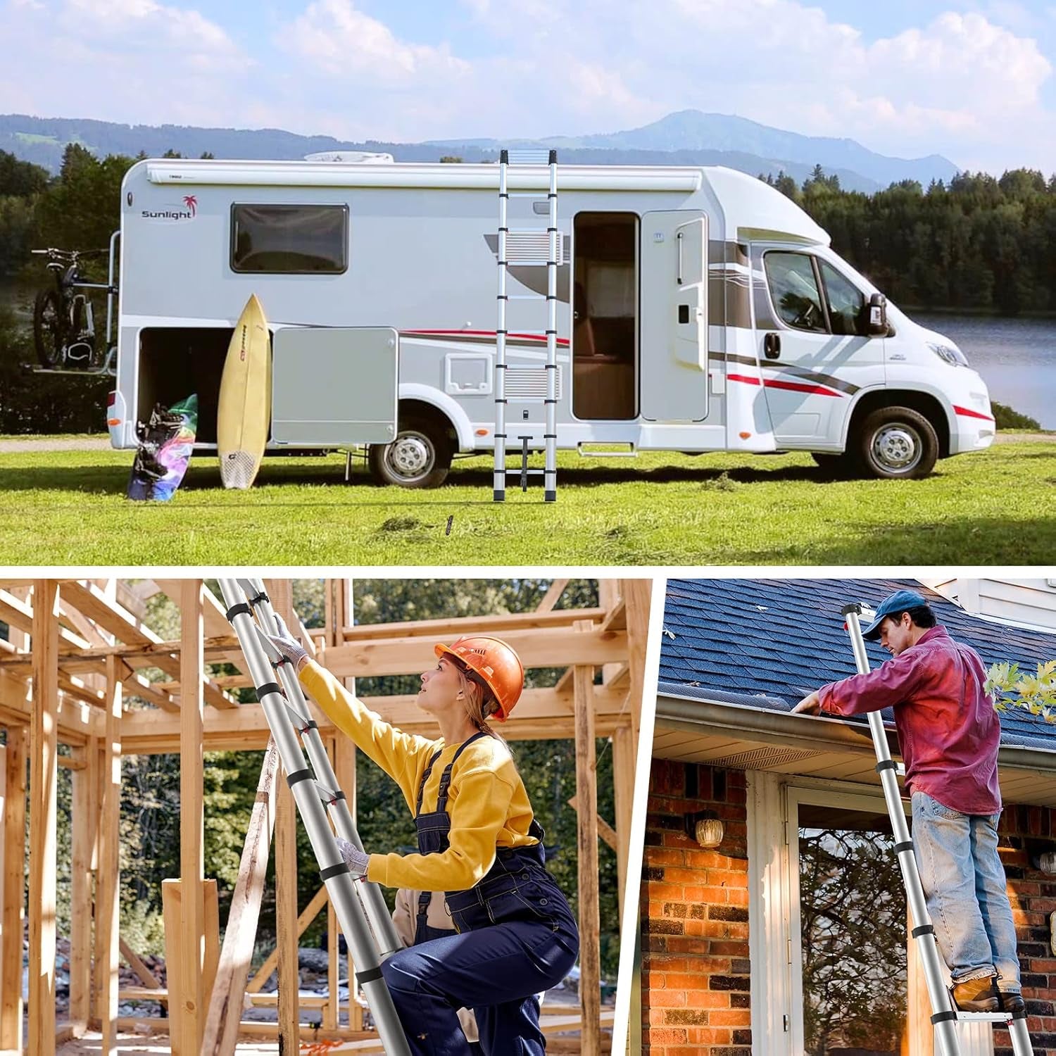 Telescoping Ladder,  8.5Ft Extension Ladder Telescopic Stepladder One-Button Retraction 330Lbs Max Capacity, Multi Position RV Ladder for Indoor & Outdoor Work