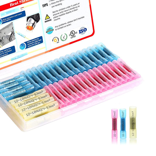 Heat Shrink Butt Connectors Kit 22-10 AWG, 100 Pcs Waterproof Crimp Splice Terminal for Auto Repair, Marine Connector for 22,20,18,16,14,12,10 Gauge Wire, Wiring Crimps Terminals Red/Blue/Yellow
