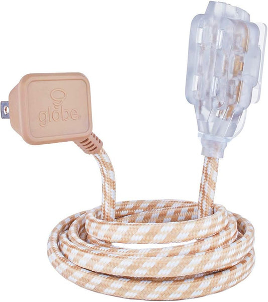 Electric 22836 Designer Series 9-Ft Fabric Extension Cord, 3 Polarized Outlets, Right Angle Plug, 125 Volts, Gold and White