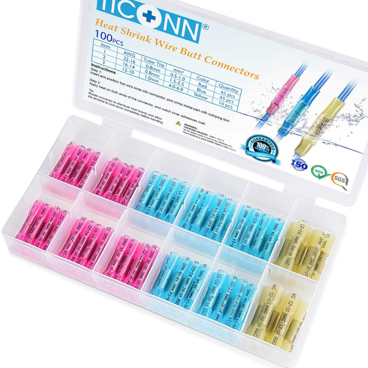 100PCS Heat Shrink Butt Wire Connector Kit, Insulated Waterproof Electrical Wire Crimp Terminals Butt Splice for Marine Automotive (100PCS)